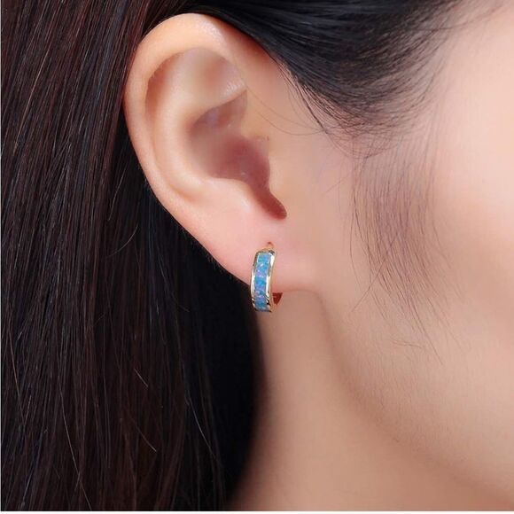 14K Yellow Gold with Genuine Rainbow Fire Opal Huggie Hoop Snap Hinge Earrings - Picture 4 of 4